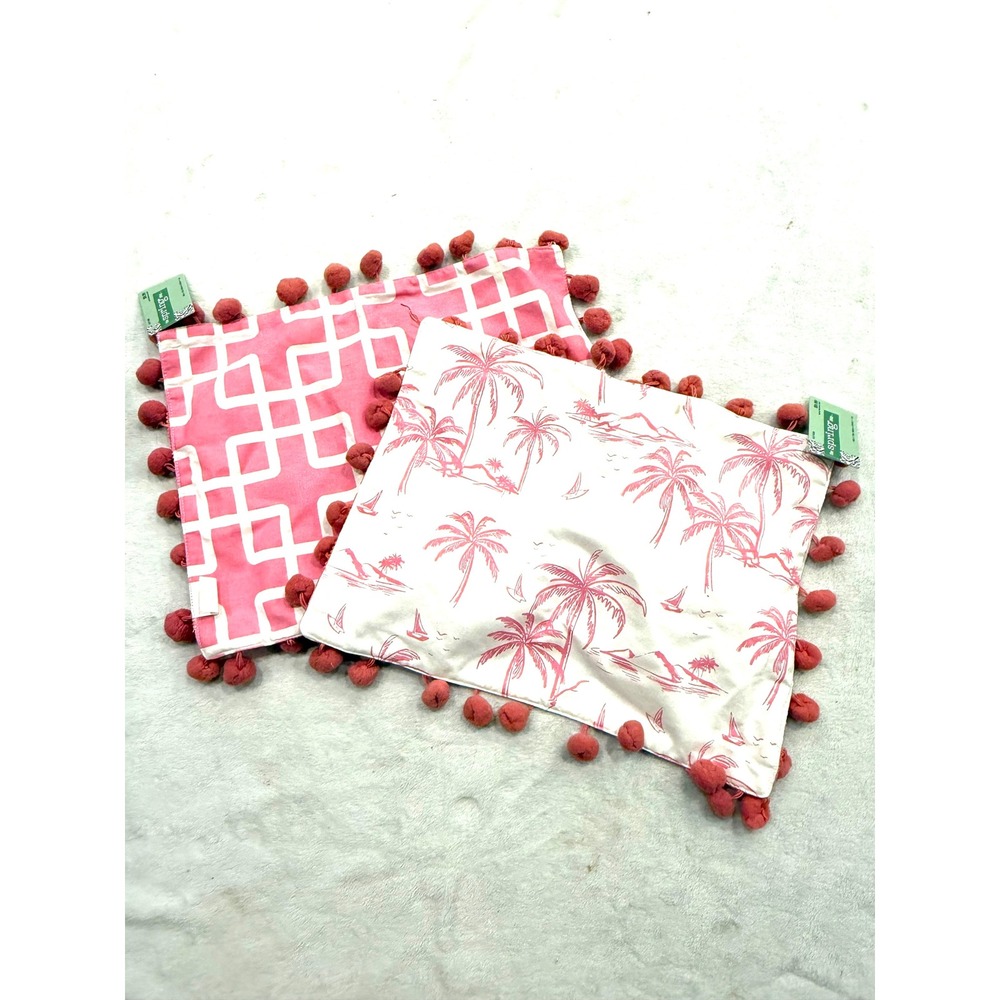 The Spring Shop Tropical Prep Pink Palm Tree Geometric Pom Placemats Set of 2